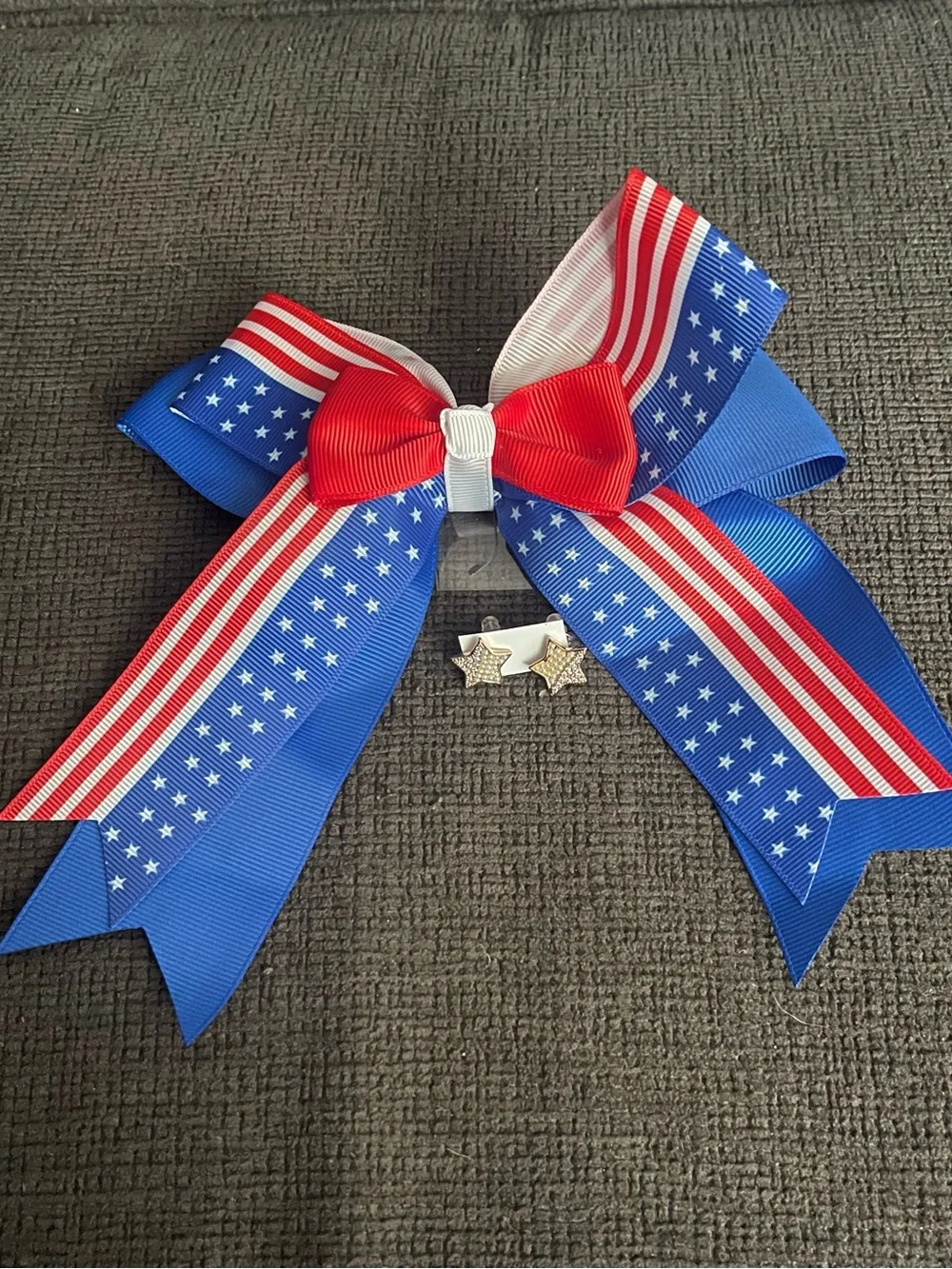 Patriotic Star Ribbon Hair Bow with Rhinestone Star Studs